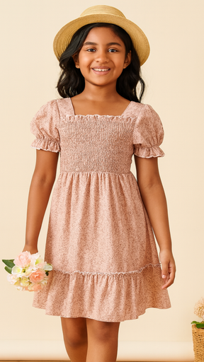 Girl's Peach Color Cotton Printed Kids Dress
