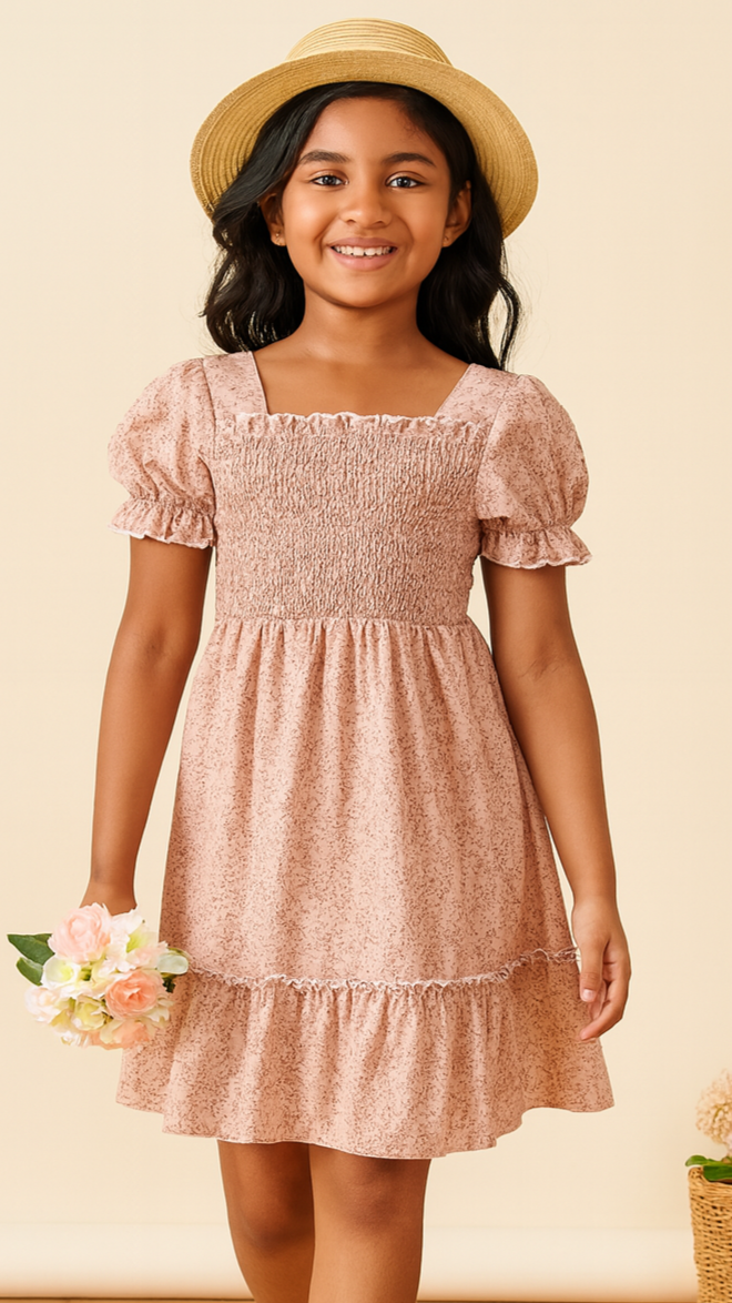 Girl's Peach Color Cotton Printed Kids Dress