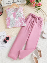 Girls Co-ord Set Trendy Pink Leaf Print Crop Top with Pant Set