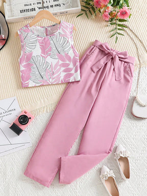 Girls Co-ord Set Trendy Pink Leaf Print Crop Top with Pant Set
