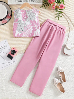 Girls Co-ord Set Trendy Pink Leaf Print Crop Top with Pant Set