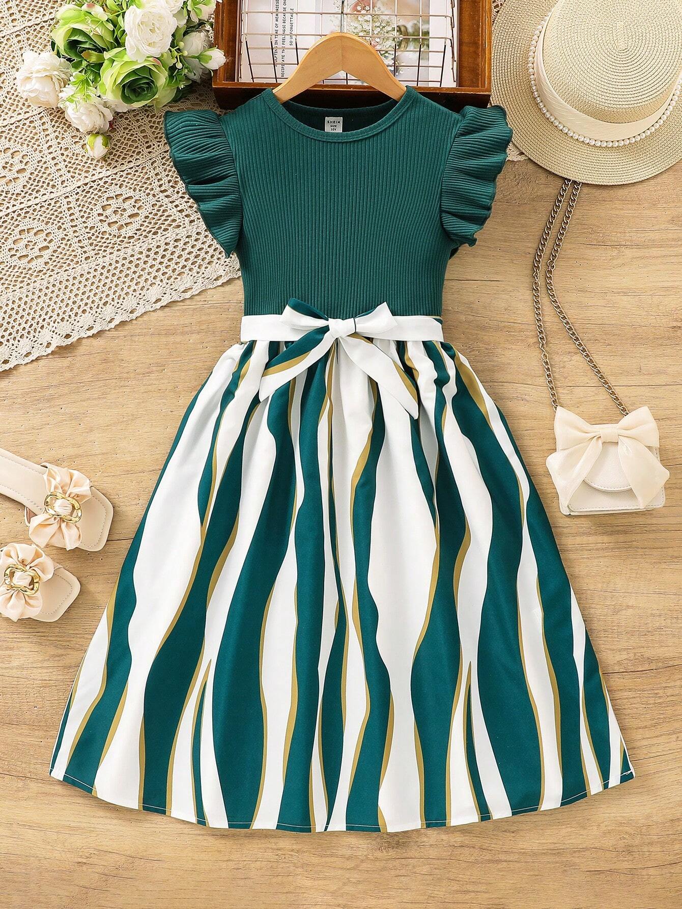Girls' Striped Dress with Ruffled Sleeve Frock