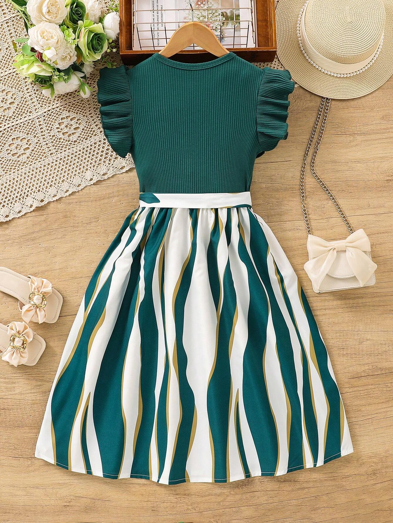 Girls' Striped Dress with Ruffled Sleeve Frock