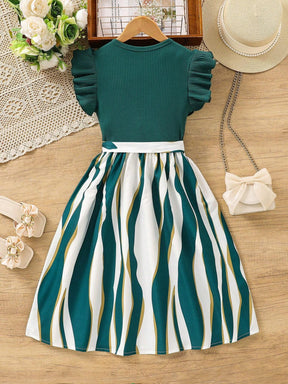 Girls' Striped Dress with Ruffled Sleeve Frock