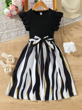 Girls' Striped A-line Dress with Ruffle Sleeves & Bow Belt