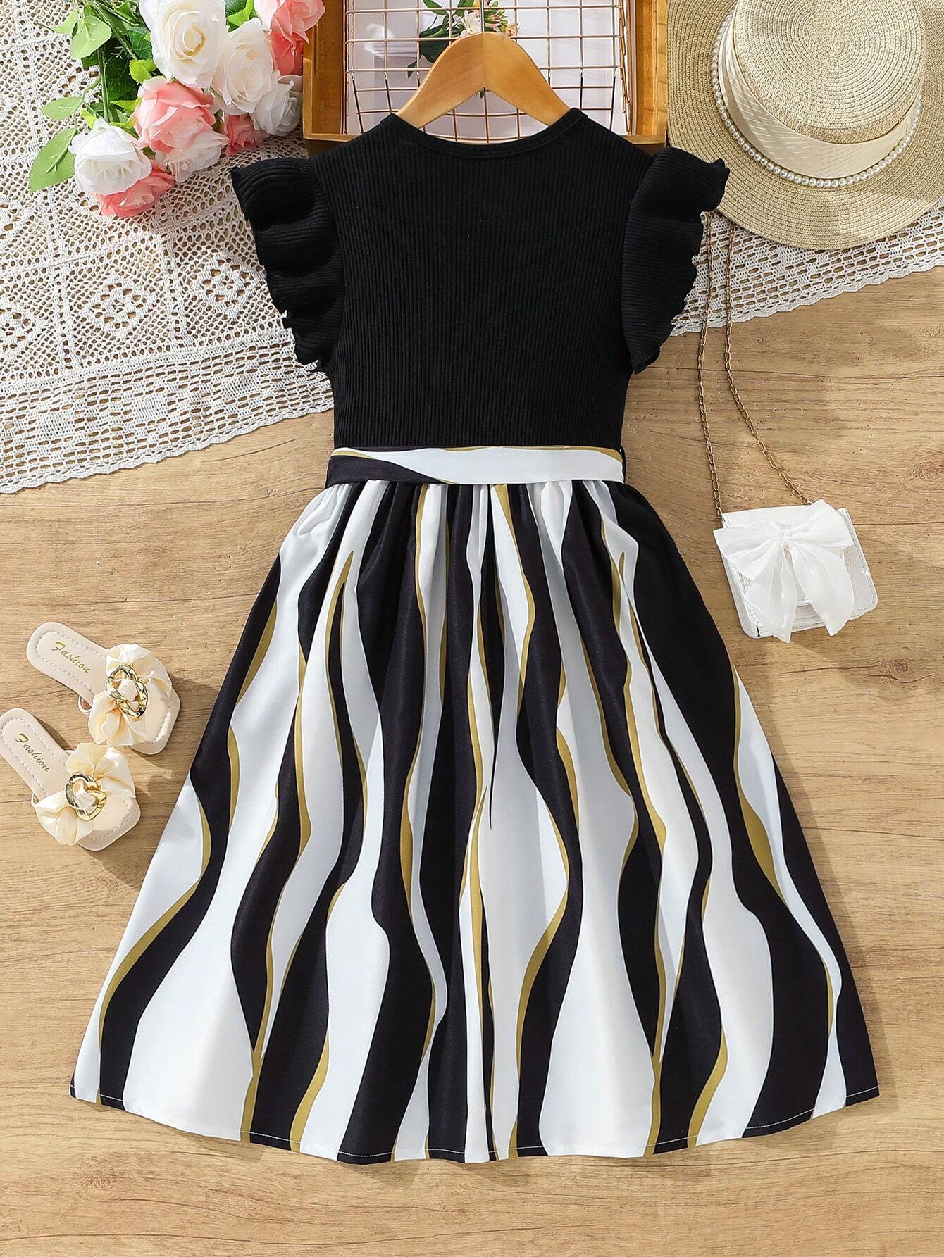 Girls' Striped A-line Dress with Ruffle Sleeves & Bow Belt