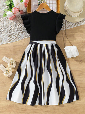 Girls' Striped A-line Dress with Ruffle Sleeves & Bow Belt