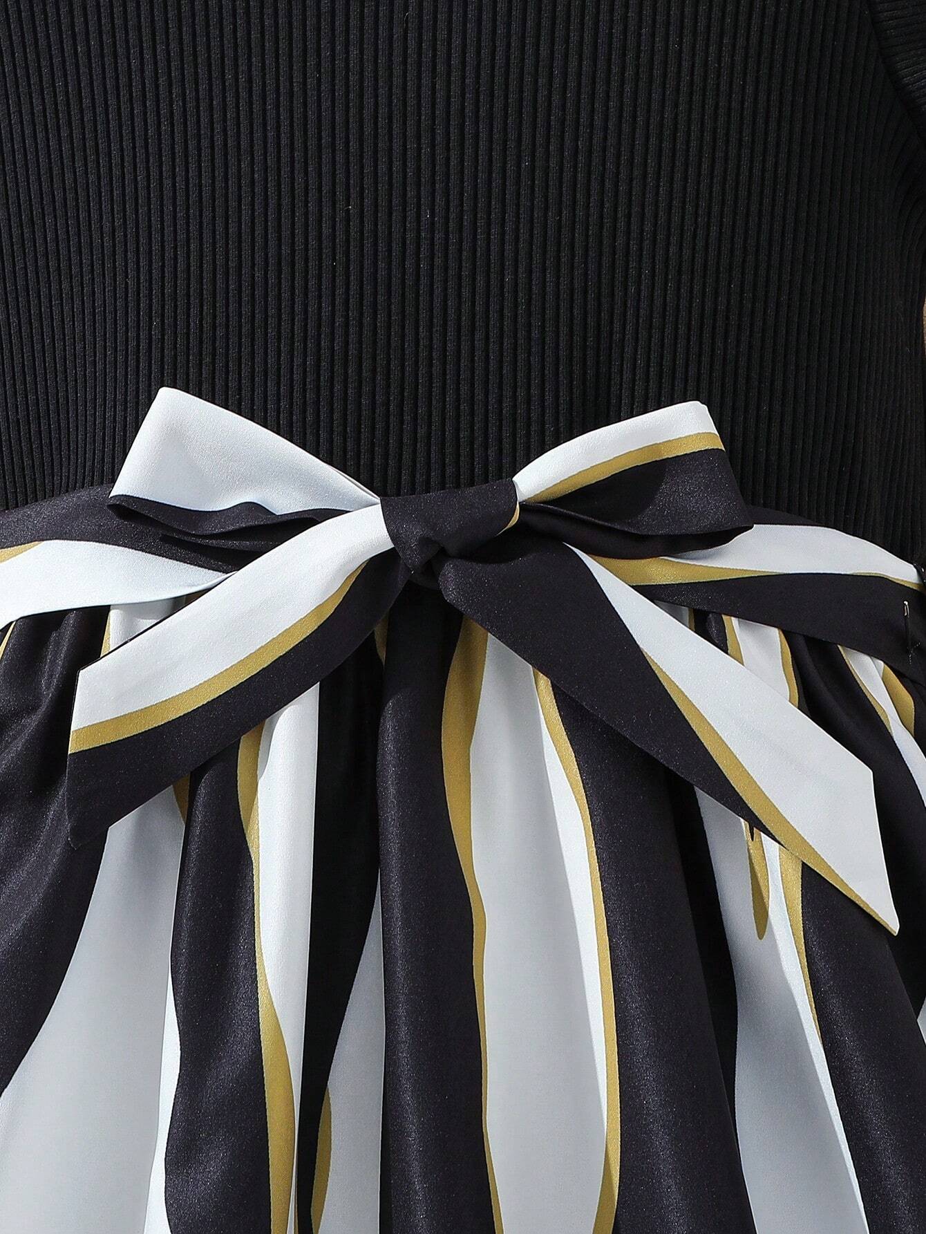 Girls' Striped A-line Dress with Ruffle Sleeves & Bow Belt