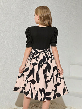 Elegant Girls Puff Sleeve Black Top with Chic Black & White Leaf Print Skirt Set