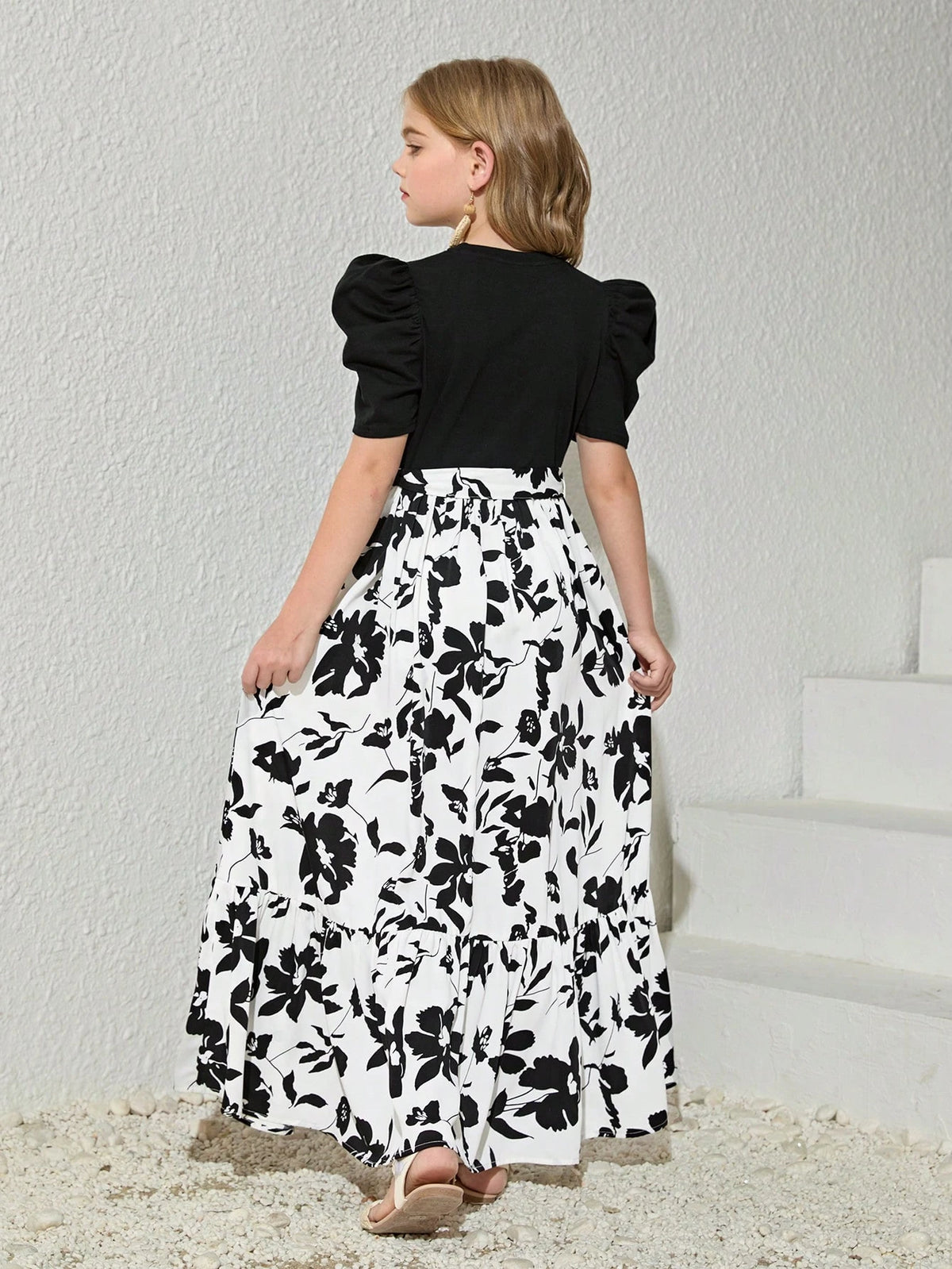 Girls Black Puff Sleeve Floral Print Maxi Dress