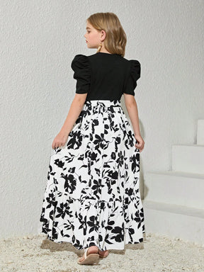 Girls Black Puff Sleeve Floral Print Maxi Dress