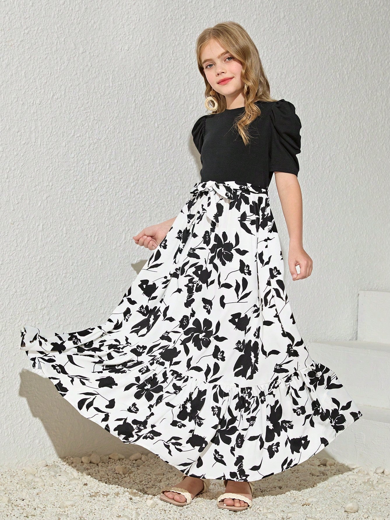 Girls Black Puff Sleeve Floral Print Maxi Dress