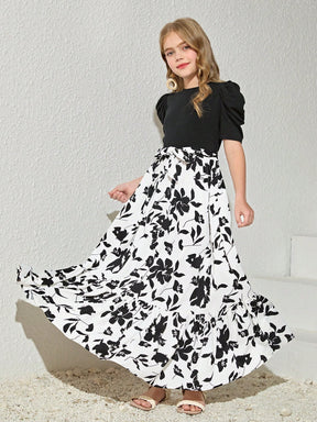Girls Black Puff Sleeve Floral Print Maxi Dress