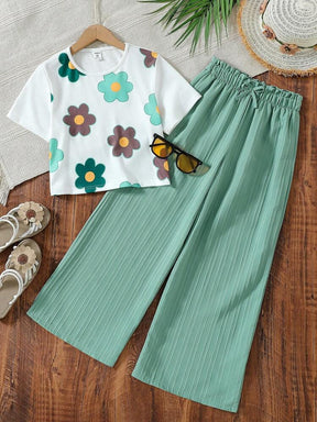 Girls' Floral Crop Top and Wide-Leg Pants Set