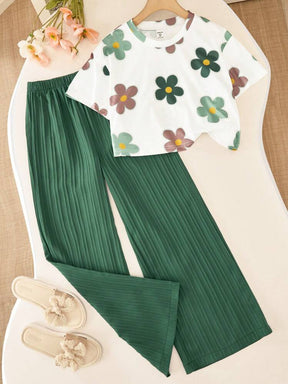 Girl's Co-ord Set Floral Print Top with Ribbed Green Wide-Leg Pants