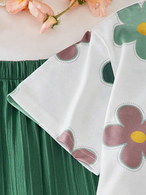 Girl's Co-ord Set Floral Print Top with Ribbed Green Wide-Leg Pants