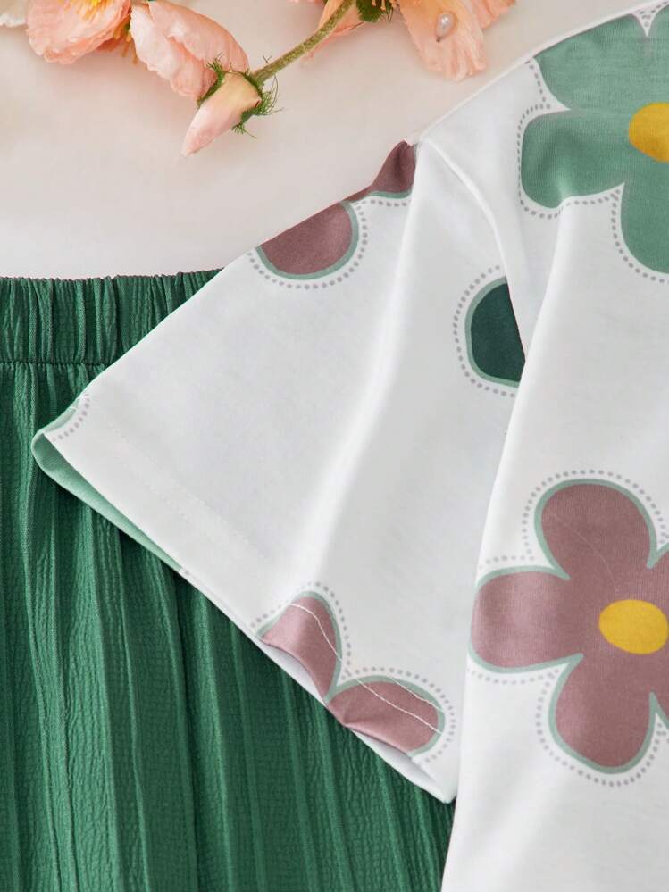 Girl's Co-ord Set Floral Print Top with Ribbed Green Wide-Leg Pants