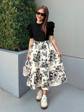 Girls Black Puff Sleeve Top with Floral Print Midi Skirt Set