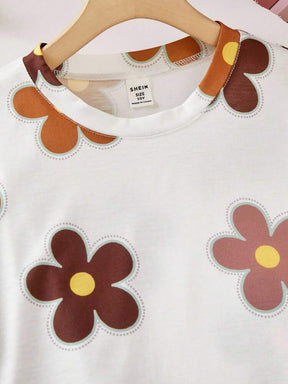 Girl's Floral Print Co-ord Set White Crop Top With Pant Set