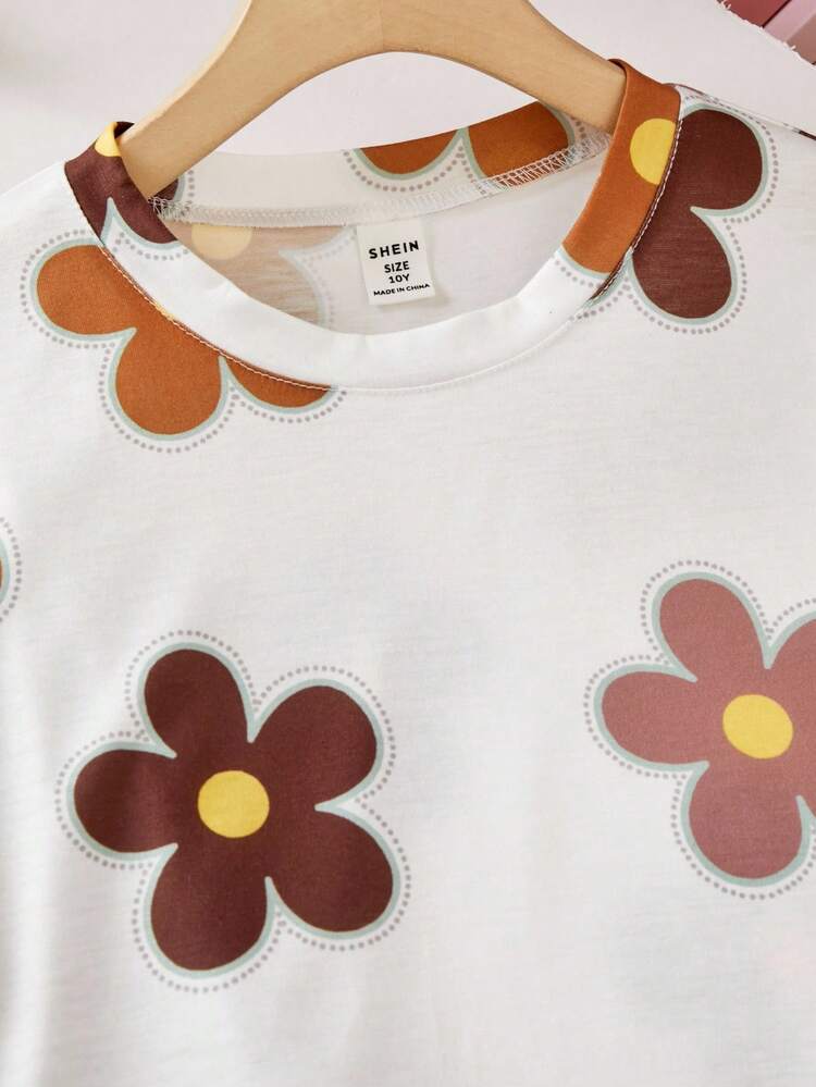 Girl's Floral Print Co-ord Set White Crop Top With Pant Set