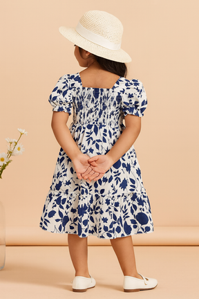 Girl's Navy Blue Cotton Printed Smocked Kids Dress
