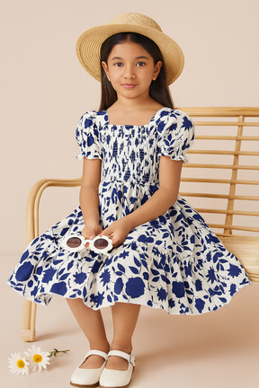 Girl's Navy Blue Cotton Printed Smocked Kids Dress