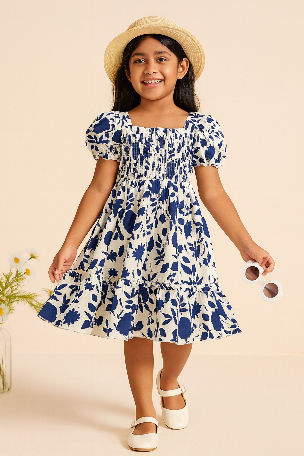 Girl's Navy Blue Cotton Printed Smocked Kids Dress
