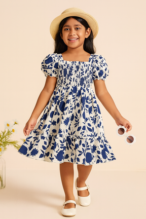 Girl's Navy Blue Cotton Printed Smocked Kids Dress