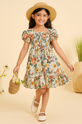 Girls Multicolor Cotton Smocked Puff Sleeve Kids Dress