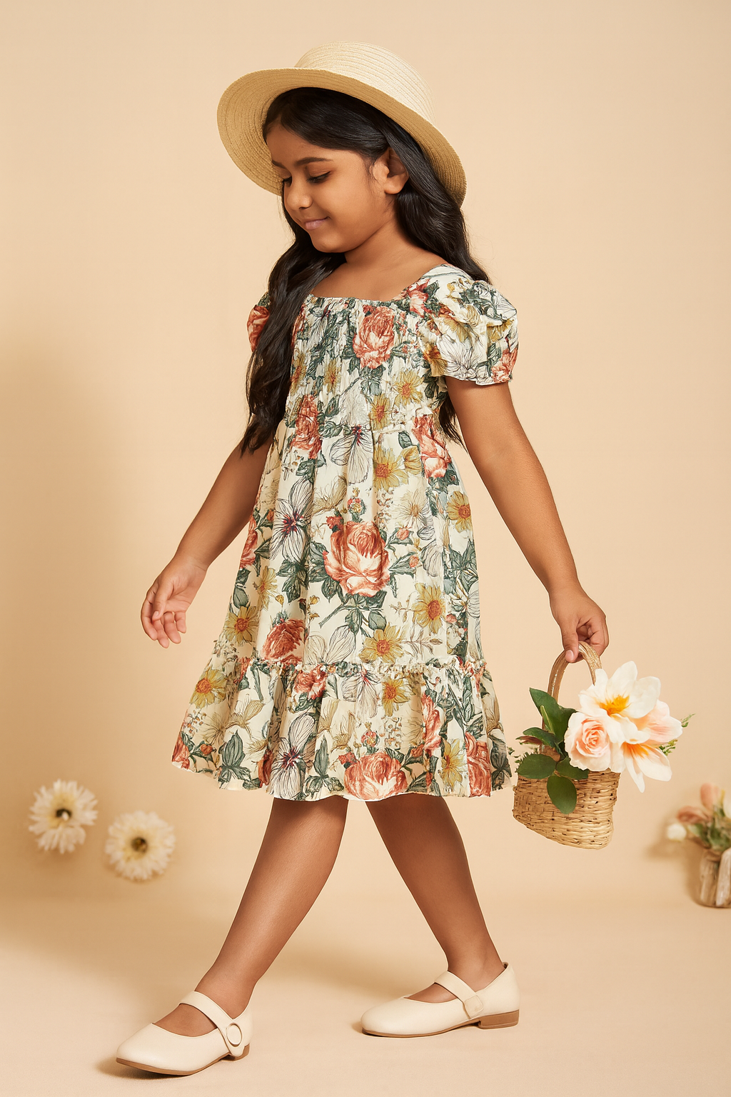 Girls Multicolor Cotton Smocked Puff Sleeve Kids Dress