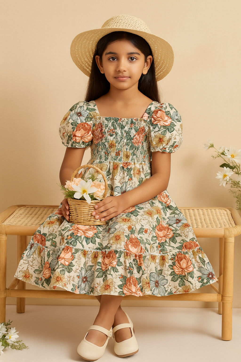 Girls Multicolor Cotton Smocked Puff Sleeve Kids Dress