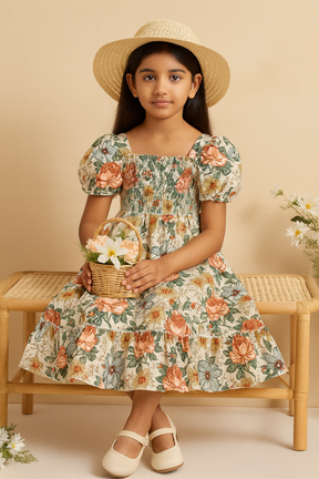 Girls Multicolor Cotton Smocked Puff Sleeve Kids Dress