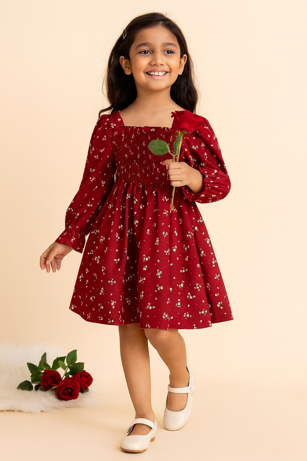 Girl's Maroon Cotton Smocked Long Sleeve Kids Dress