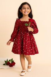 Girl's Maroon Cotton Smocked Long Sleeve Kids Dress
