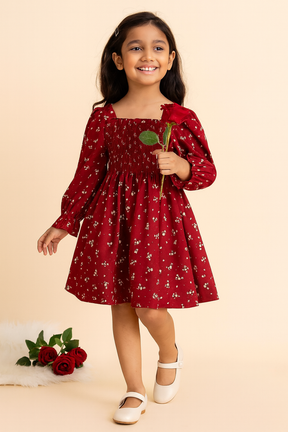 Girl's Maroon Cotton Smocked Long Sleeve Kids Dress