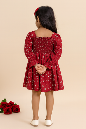 Girl's Maroon Cotton Smocked Long Sleeve Kids Dress