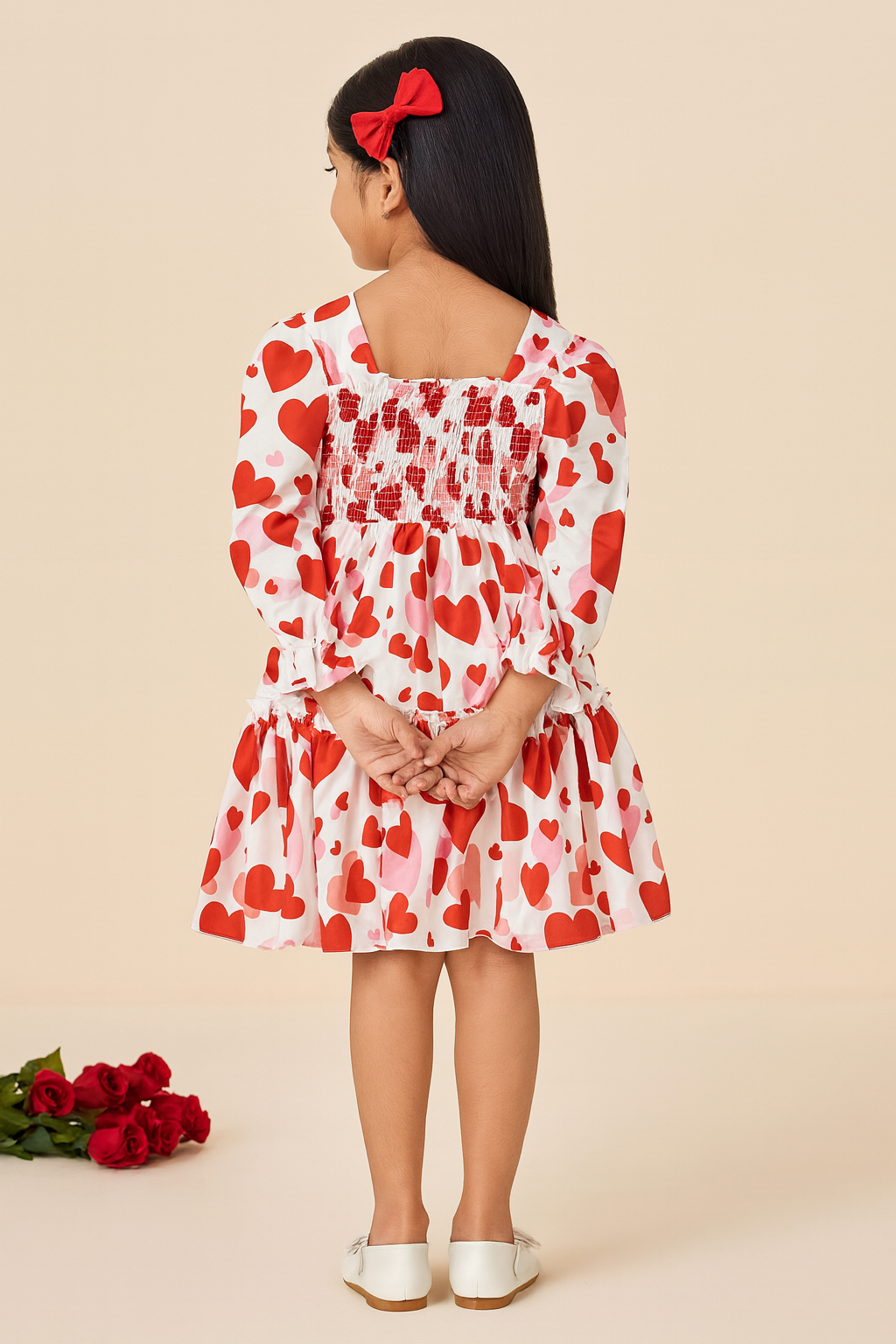 Girl's Red Cotton Heart Printed Smocked Kids Dress