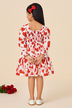 Girl's Red Cotton Heart Printed Smocked Kids Dress