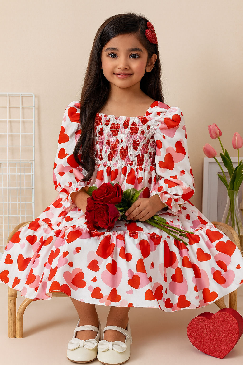 Girl's Red Cotton Heart Printed Smocked Kids Dress