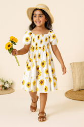 Girl's White Sunflower Printed Smocked Kids Dress