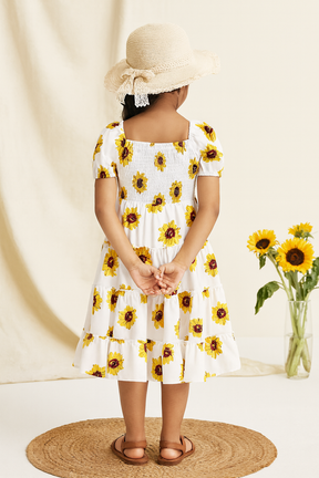 Girl's White Sunflower Printed Smocked Kids Dress