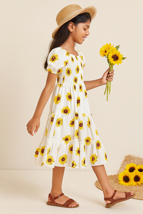Girl's White Sunflower Printed Smocked Kids Dress
