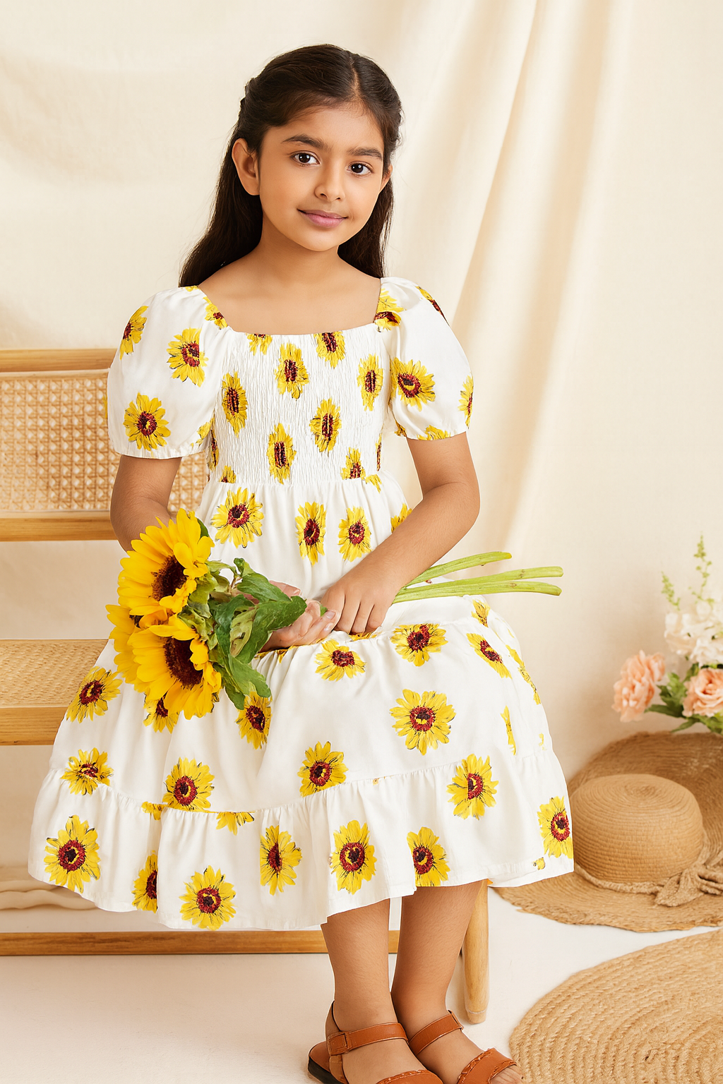 Girl's White Sunflower Printed Smocked Kids Dress
