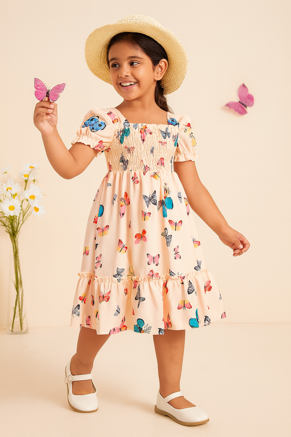 Cream Color Cotton Butterfly Printed Smocked Kids Dress