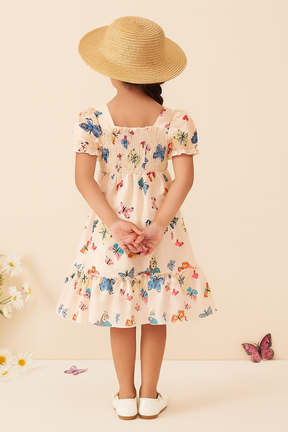 Cream Color Cotton Butterfly Printed Smocked Kids Dress