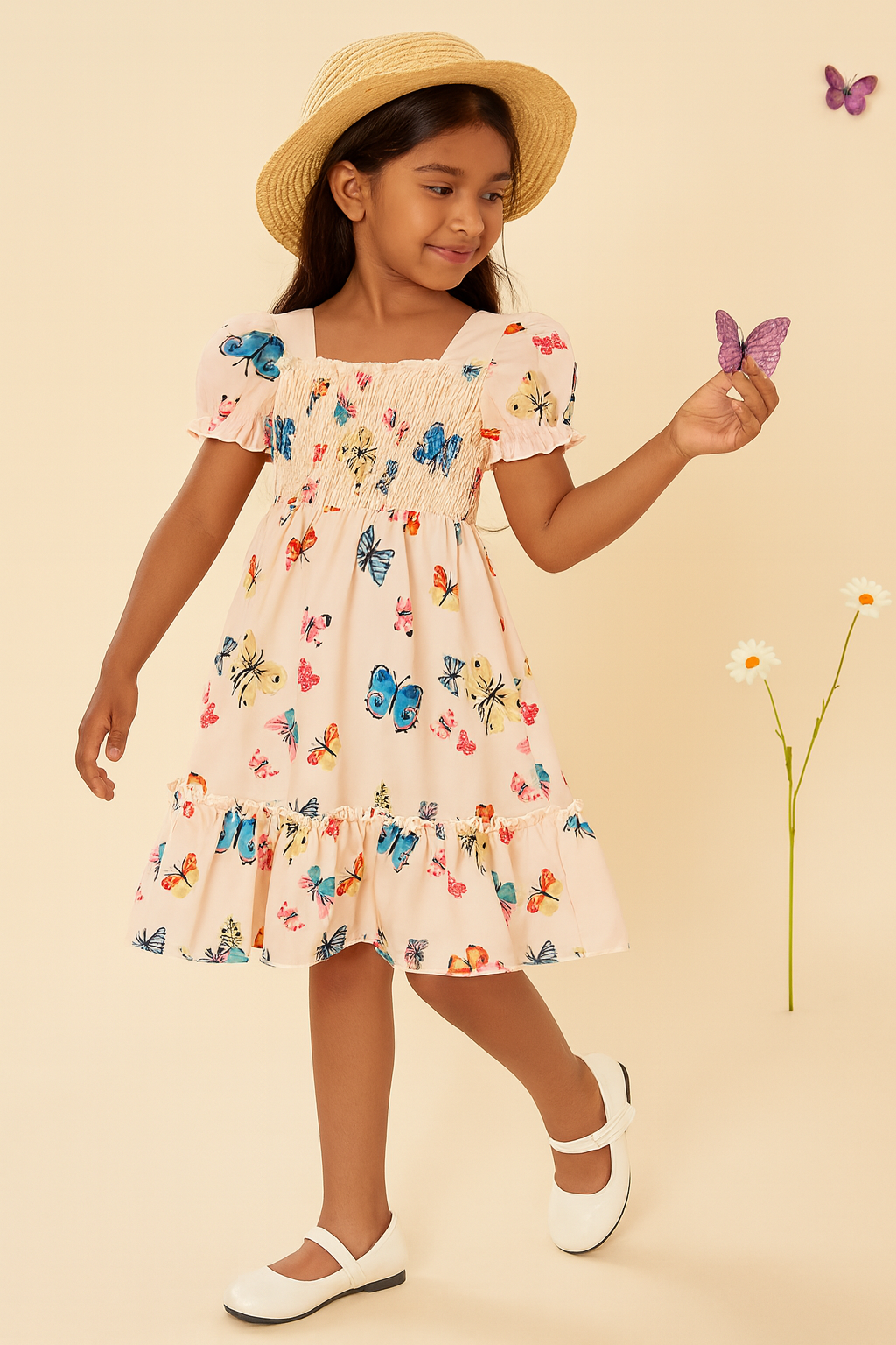 Cream Color Cotton Butterfly Printed Smocked Kids Dress