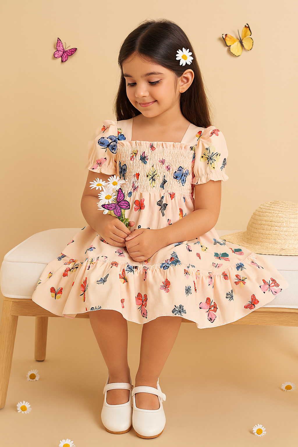 Cream Color Cotton Butterfly Printed Smocked Kids Dress