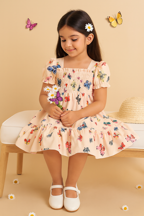 Cream Color Cotton Butterfly Printed Smocked Kids Dress