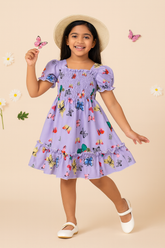 Girl's Purple Color Cotton Butterfly Printed Smocked Kids Dress