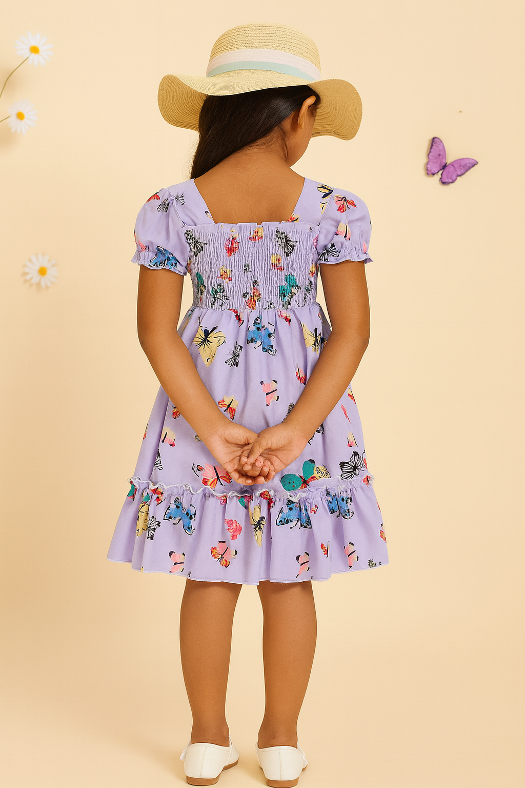Girl's Purple Color Cotton Butterfly Printed Smocked Kids Dress